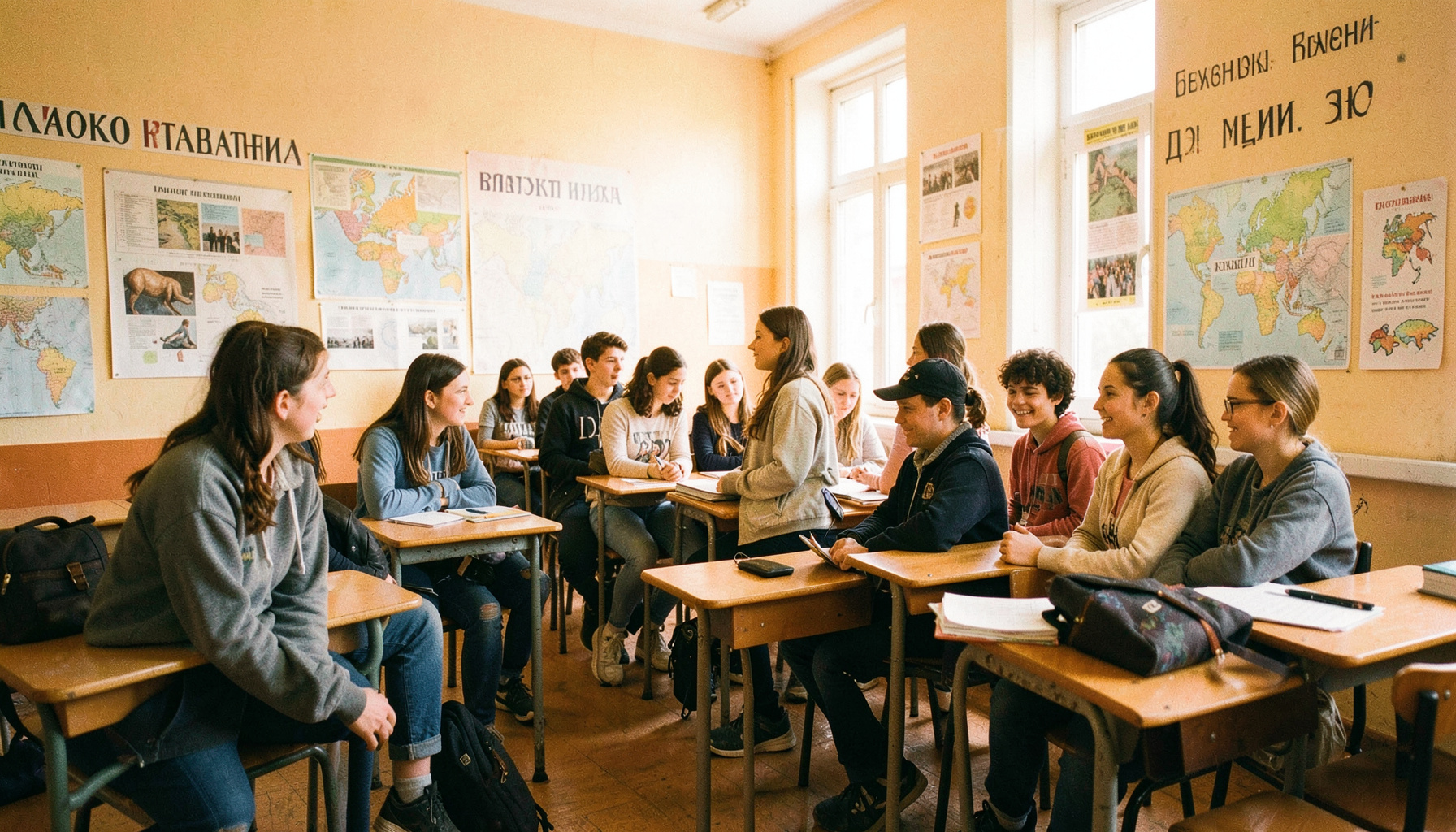 Группа студентов в светлом учебном классе европейской школы, на стенах карты и плакаты на иностранном языке